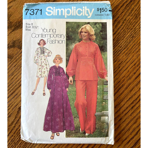 UNCUT Vintage 1970s Simplicity 7371 Sewing Pattern Sz XXS Caftan Dress Top Pant - Picture 1 of 2